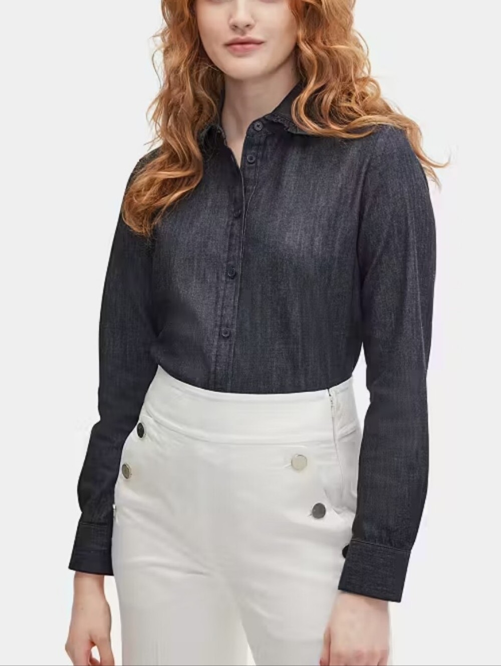 NWT Kate Spade Dark Denim Button-Up Blouse with Ruffle Collar 100% Cotton